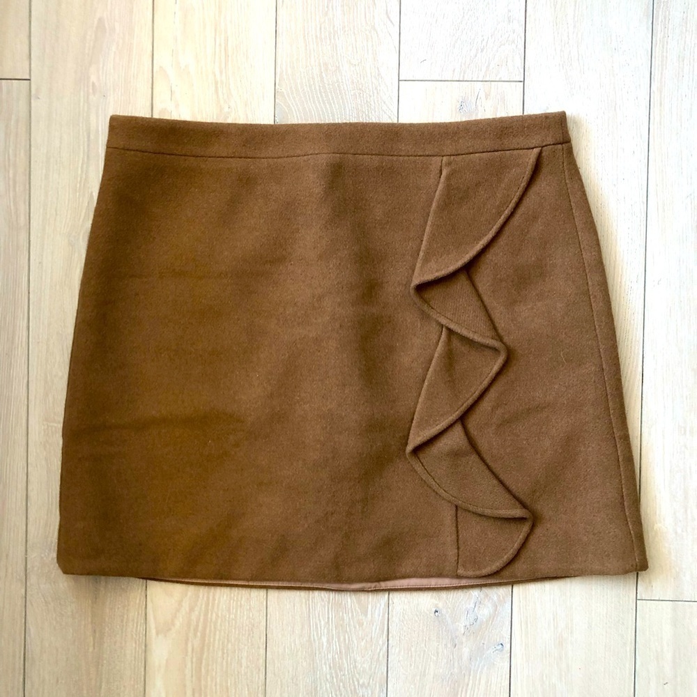 NWT J. Crew Mercantile Wool Frill Detailed Mini Skirt in Camel Size 14